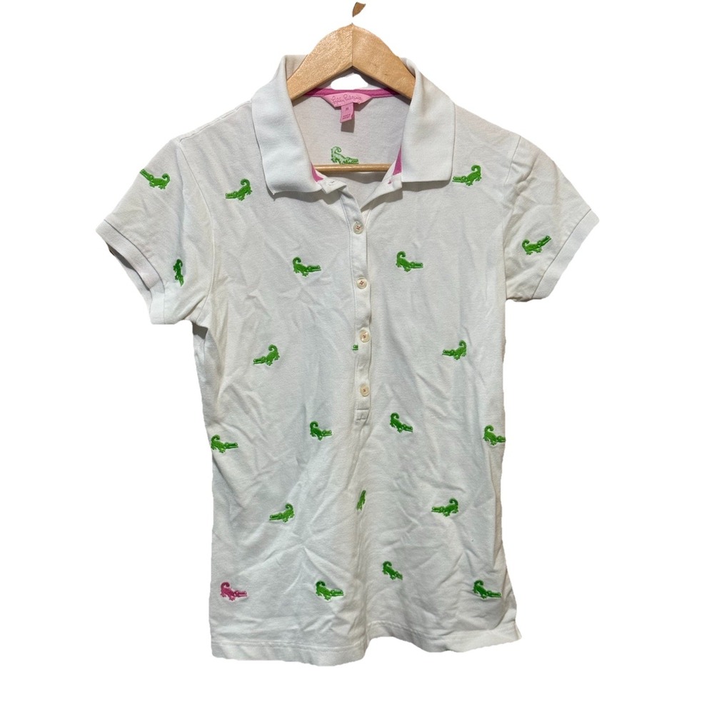 Lilly Pulitzer Alligator Print Popover White Polo‎ Shirt Women's Medium EUC